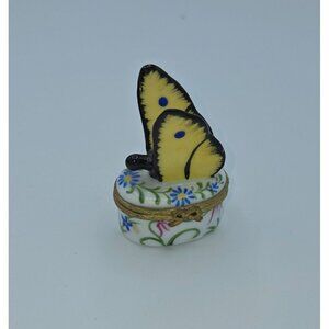 Limoges China Trinket Box Yellow Butterfly with Blue Circles Mini
